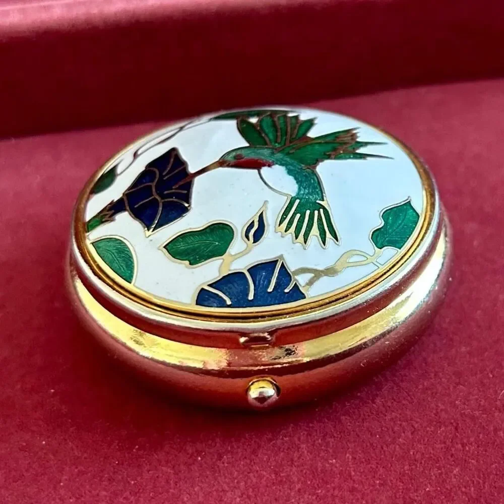 Vintage Enamel Hummingbird and Flower Pill Case or Jewelry Case Trinket Box